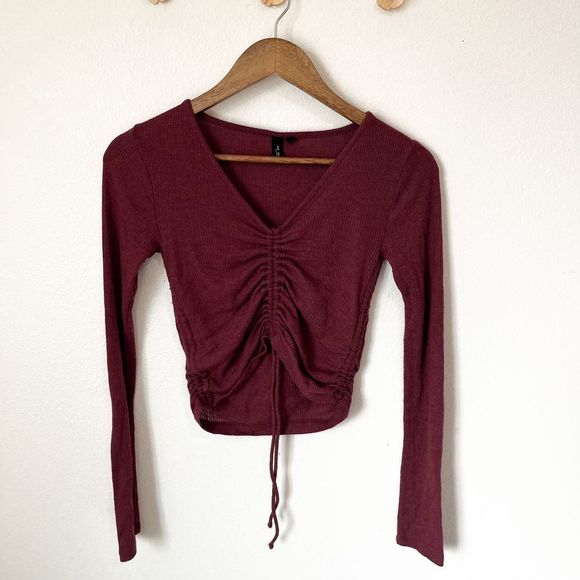 Urban Outfitters Front Rouched Burgundy Long Sleeve Top Size Medium
